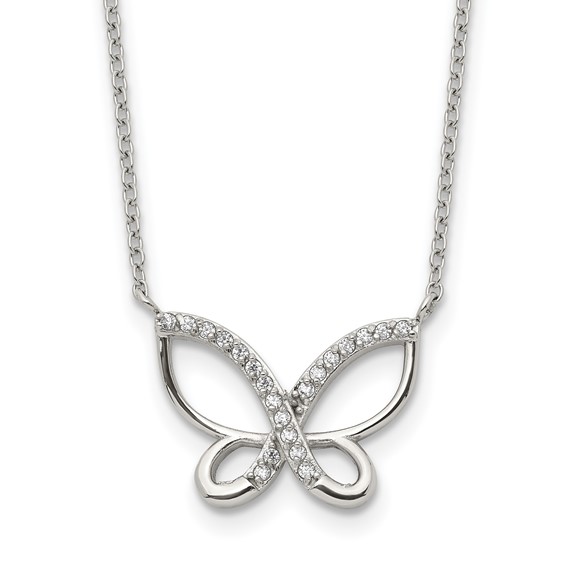 Chisel Stainless Steel Polished CZ Butterfly Pendant on an 18 inch Plus a 2 inch Extension Cable Chain Necklace