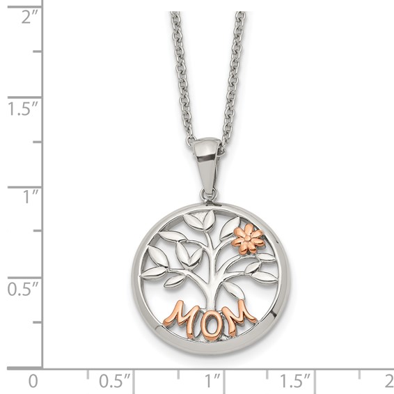 Chisel Stainless Steel Polished Rose IP-plated MOM Tree Pendant on a 20 inch Plus a 2 inch Extension Cable Chain Necklace