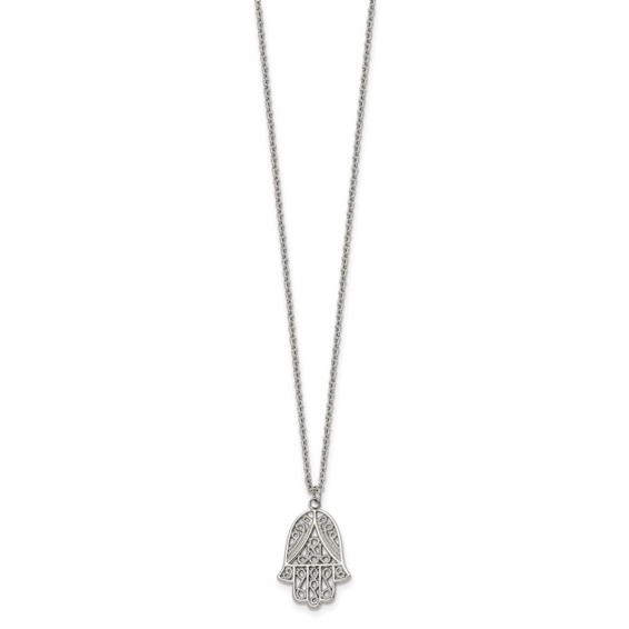 Chisel Stainless Steel Polished and Textured Hamsa Pendant on an 18 inch Plus a 2 inch Extension Cable Chain Necklace