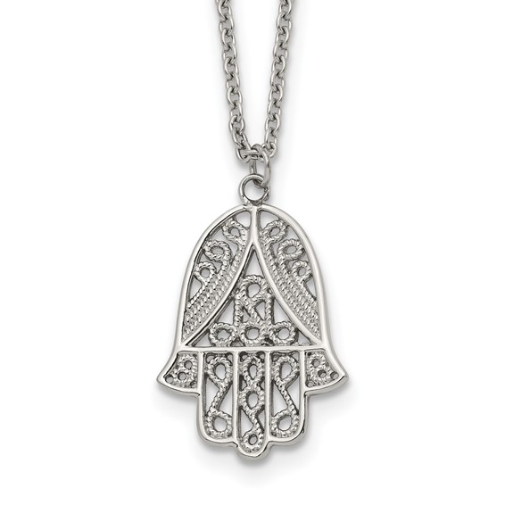 Chisel Stainless Steel Polished and Textured Hamsa Pendant on an 18 inch Plus a 2 inch Extension Cable Chain Necklace