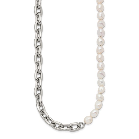 Chisel Stainless Steel Polished Open Link Half Baroque Pearl Beaded 20 inch Plus a 2 inch Extension Necklace