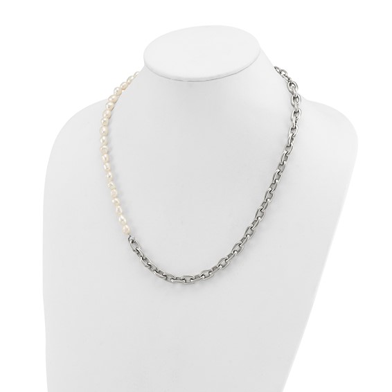 Chisel Stainless Steel Polished Open Link Half Baroque Pearl Beaded 20 inch Plus a 2 inch Extension Necklace