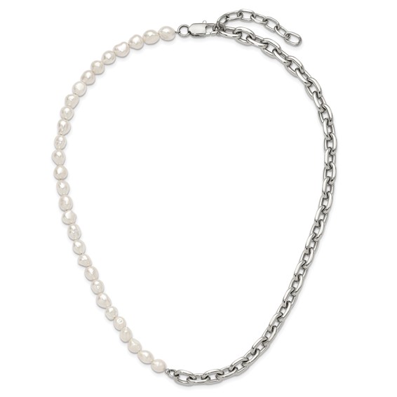 Chisel Stainless Steel Polished Open Link Half Baroque Pearl Beaded 20 inch Plus a 2 inch Extension Necklace