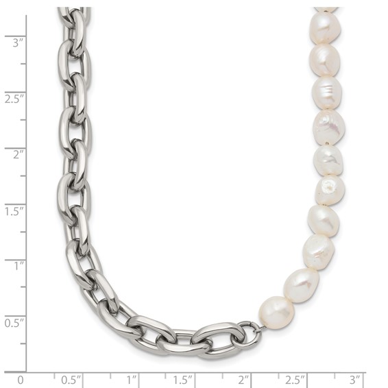 Chisel Stainless Steel Polished Open Link Half Baroque Pearl Beaded 20 inch Plus a 2 inch Extension Necklace