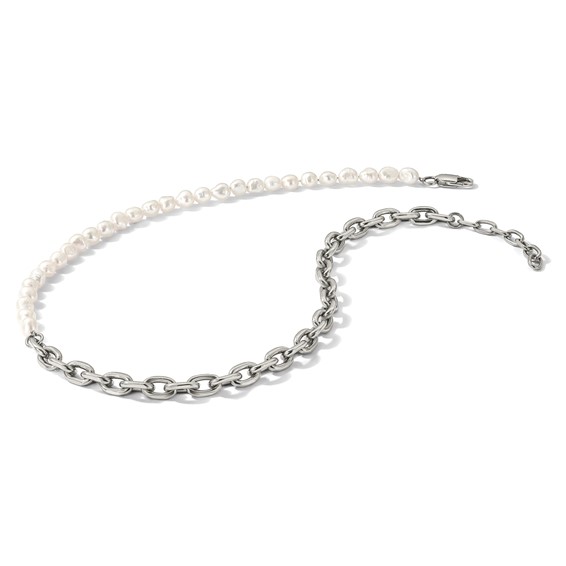 Chisel Stainless Steel Polished Open Link Half Baroque Pearl Beaded 20 inch Plus a 2 inch Extension Necklace