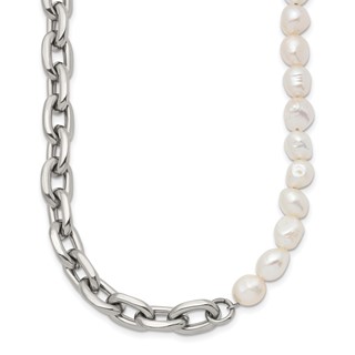 Chisel Stainless Steel Polished Open Link Half Baroque Pearl Beaded 20 inch Plus a 2 inch Extension Necklace