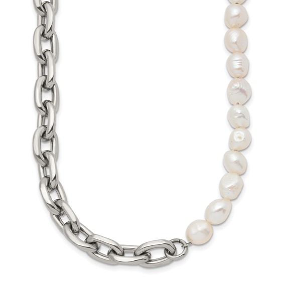 Chisel Stainless Steel Polished Open Link Half Baroque Pearl Beaded 20 inch Plus a 2 inch Extension Necklace