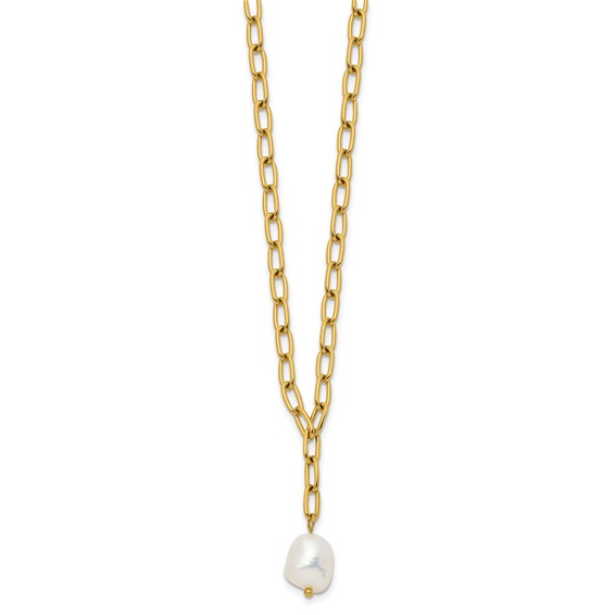 Chisel Stainless Steel Polished Yellow IP-plated Freshwater Cultured Pearl Dangle on an 18 inch Plus 2 inch Extension Open Link Chain Necklace