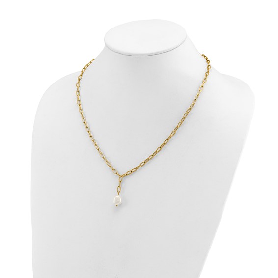 Chisel Stainless Steel Polished Yellow IP-plated Freshwater Cultured Pearl Dangle on an 18 inch Plus 2 inch Extension Open Link Chain Necklace