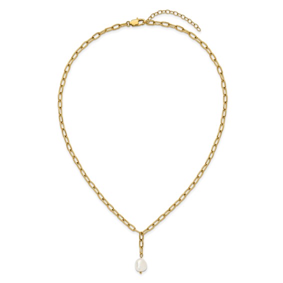 Chisel Stainless Steel Polished Yellow IP-plated Freshwater Cultured Pearl Dangle on an 18 inch Plus 2 inch Extension Open Link Chain Necklace