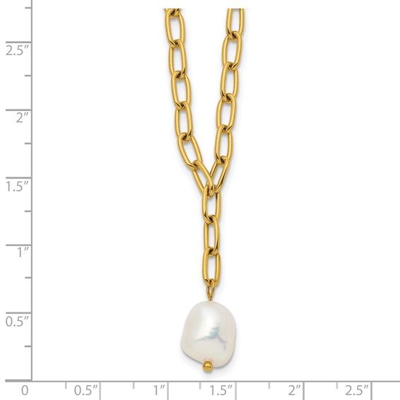 Chisel Stainless Steel Polished Yellow IP-plated Freshwater Cultured Pearl Dangle on an 18 inch Plus 2 inch Extension Open Link Chain Necklace