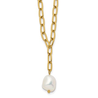 Chisel Stainless Steel Polished Yellow IP-plated Freshwater Cultured Pearl Dangle on an 18 inch Plus 2 inch Extension Open Link Chain Necklace