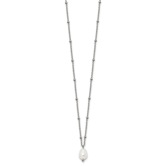 Chisel Stainless Steel Polished Imitation Pearl on a Beaded 16 inch Plus 2 inch Extension Cable Chain Necklace