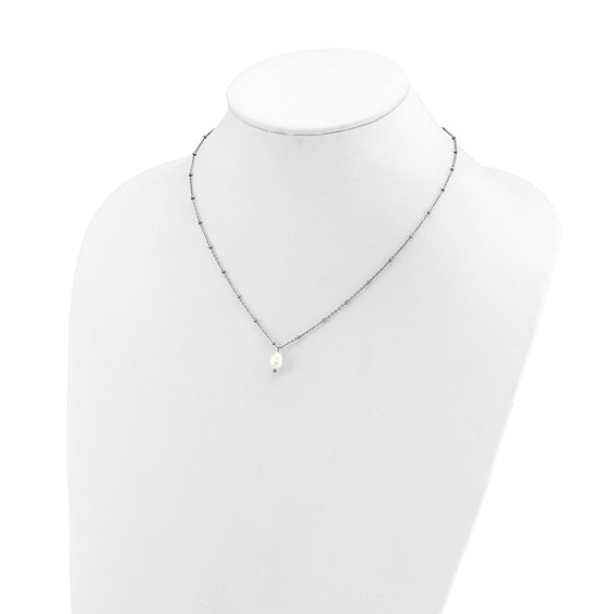 Chisel Stainless Steel Polished Imitation Pearl on a Beaded 16 inch Plus 2 inch Extension Cable Chain Necklace