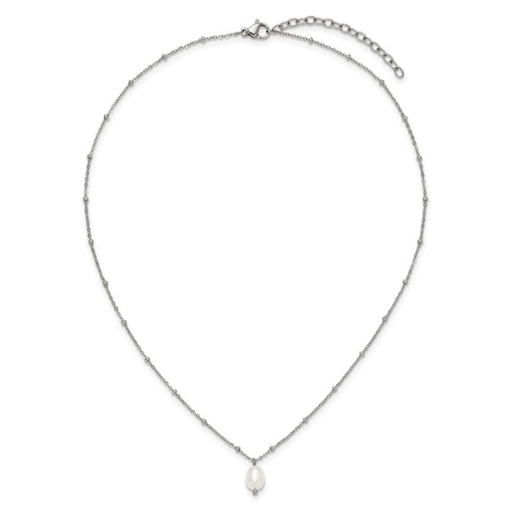 Chisel Stainless Steel Polished Imitation Pearl on a Beaded 16 inch Plus 2 inch Extension Cable Chain Necklace