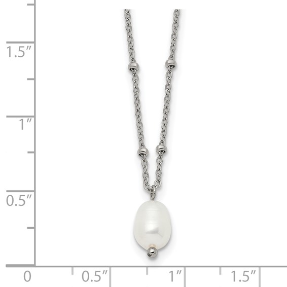 Chisel Stainless Steel Polished Imitation Pearl on a Beaded 16 inch Plus 2 inch Extension Cable Chain Necklace