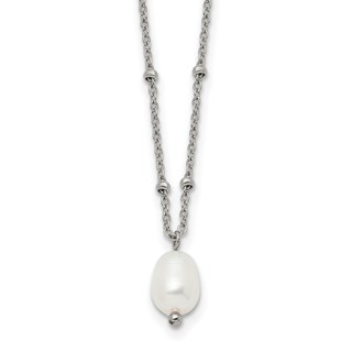 Chisel Stainless Steel Polished Imitation Pearl on a Beaded 16 inch Plus 2 inch Extension Cable Chain Necklace