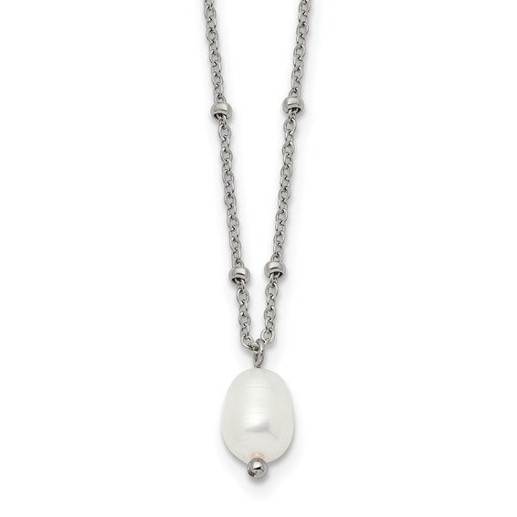 Chisel Stainless Steel Polished Imitation Pearl on a Beaded 16 inch Plus 2 inch Extension Cable Chain Necklace