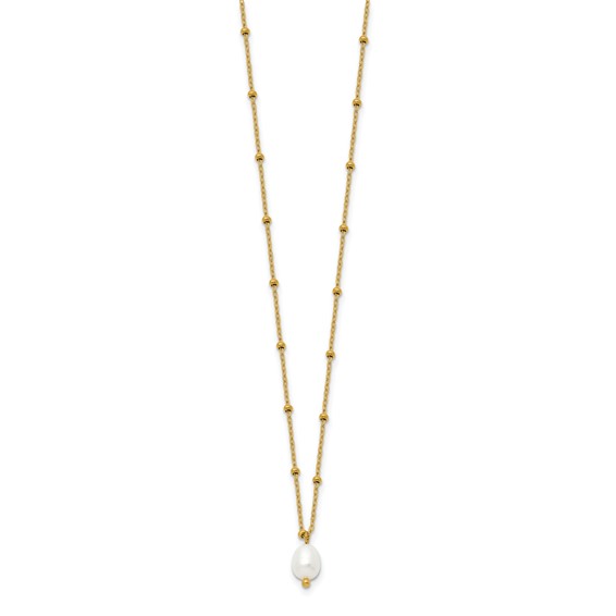 Chisel Stainless Steel Polished Yellow IP-plated Imitation Pearl on a Beaded 16 inch Plus 2 inch Extension Cable Chain Necklace