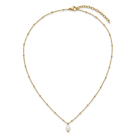 Chisel Stainless Steel Polished Yellow IP-plated Imitation Pearl on a Beaded 16 inch Plus 2 inch Extension Cable Chain Necklace