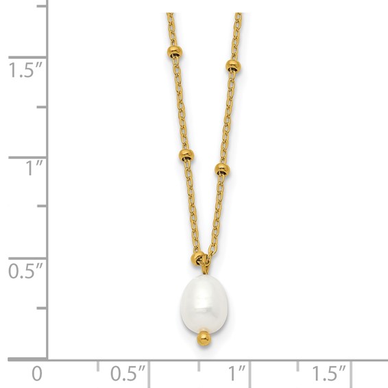 Chisel Stainless Steel Polished Yellow IP-plated Imitation Pearl on a Beaded 16 inch Plus 2 inch Extension Cable Chain Necklace