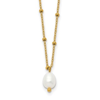 Chisel Stainless Steel Polished Yellow IP-plated Imitation Pearl on a Beaded 16 inch Plus 2 inch Extension Cable Chain Necklace