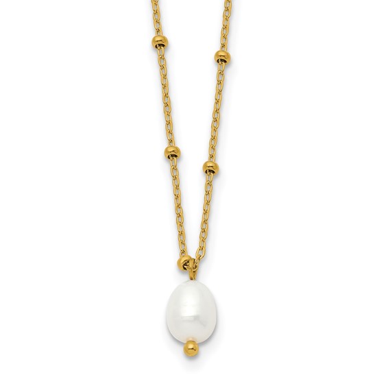 Chisel Stainless Steel Polished Yellow IP-plated Imitation Pearl on a Beaded 16 inch Plus 2 inch Extension Cable Chain Necklace