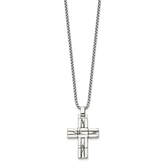 Chisel Stainless Steel Antiqued and Polished Cracked Cross Pendant on a 20 inch Box Chain Necklace