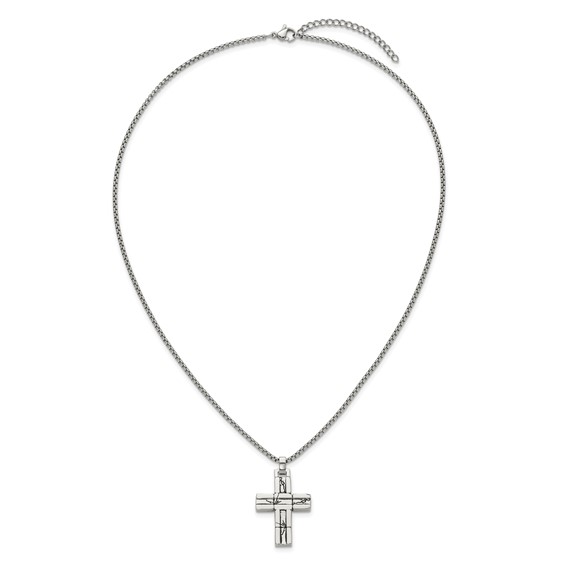 Chisel Stainless Steel Antiqued and Polished Cracked Cross Pendant on a 20 inch Box Chain Necklace