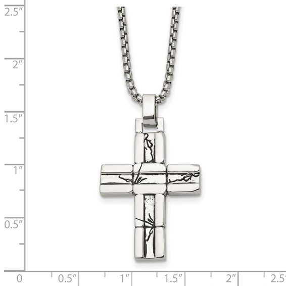 Chisel Stainless Steel Antiqued and Polished Cracked Cross Pendant on a 20 inch Box Chain Necklace