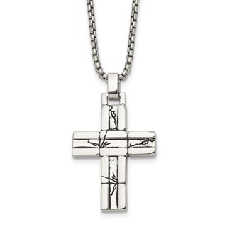Chisel Stainless Steel Antiqued and Polished Cracked Cross Pendant on a 20 inch Box Chain Necklace