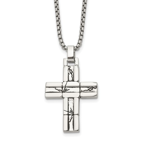Chisel Stainless Steel Antiqued and Polished Cracked Cross Pendant on a 20 inch Box Chain Necklace