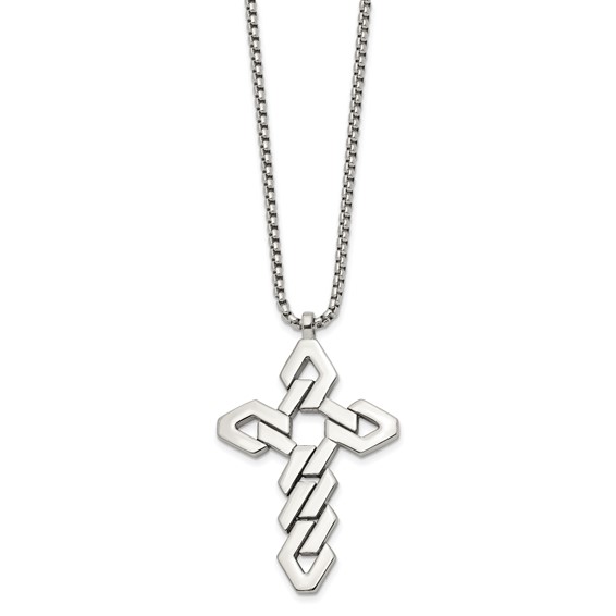 Chisel Stainless Steel Polished Geometric Cross Pendant on a 22 inch Box Chain Necklace
