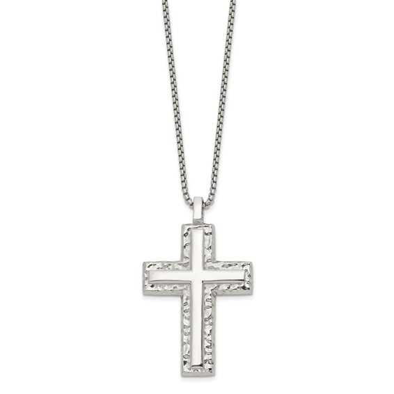 Chisel Stainless Steel Polished and Textured Cross Pendant on a 24 inch Box Chain Necklace