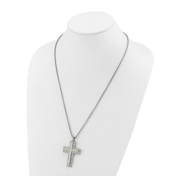 Chisel Stainless Steel Polished and Textured Cross Pendant on a 24 inch Box Chain Necklace
