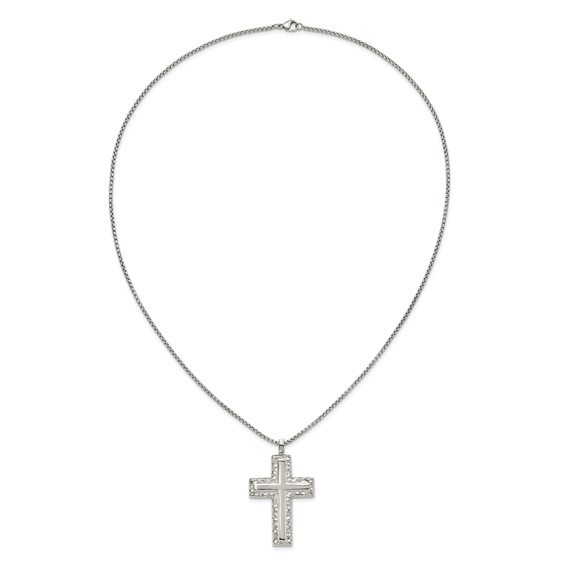 Chisel Stainless Steel Polished and Textured Cross Pendant on a 24 inch Box Chain Necklace
