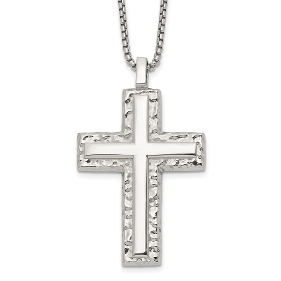 Chisel Stainless Steel Polished and Textured Cross Pendant on a 24 inch Box Chain Necklace
