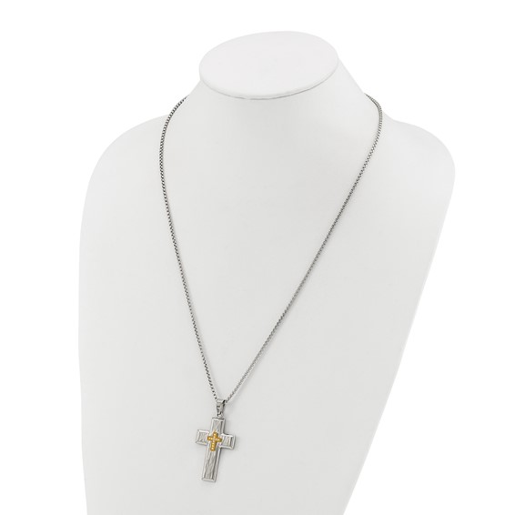 Chisel Stainless Steel Brushed Polished and Hammered Yellow IP-plated with CZ Cross Pendant on a 24 inch Box Chain Necklace