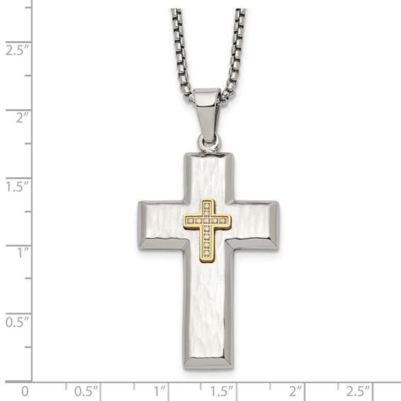 Chisel Stainless Steel Brushed Polished and Hammered Yellow IP-plated with CZ Cross Pendant on a 24 inch Box Chain Necklace