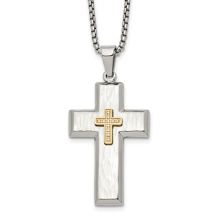 Chisel Stainless Steel Brushed Polished and Hammered Yellow IP-plated with CZ Cross Pendant on a 24 inch Box Chain Necklace