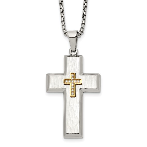 Chisel Stainless Steel Brushed Polished and Hammered Yellow IP-plated with CZ Cross Pendant on a 24 inch Box Chain Necklace