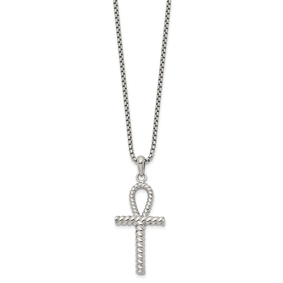 Chisel Stainless Steel Polished and Textured Ankh Cross Pendant on a 24 inch Box Chain Necklace