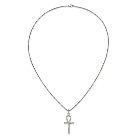Chisel Stainless Steel Polished and Textured Ankh Cross Pendant on a 24 inch Box Chain Necklace