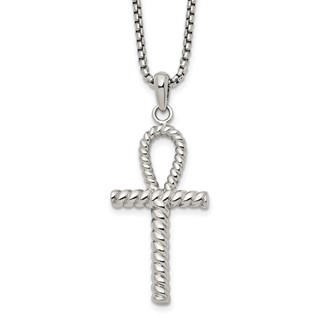 Chisel Stainless Steel Polished and Textured Ankh Cross Pendant on a 24 inch Box Chain Necklace