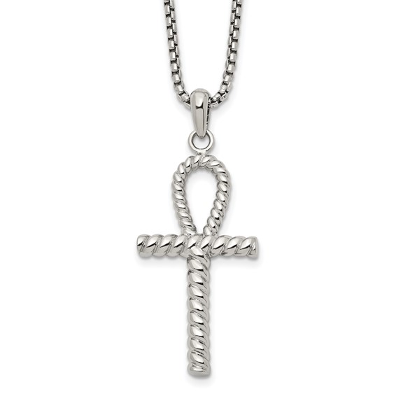 Chisel Stainless Steel Polished and Textured Ankh Cross Pendant on a 24 inch Box Chain Necklace