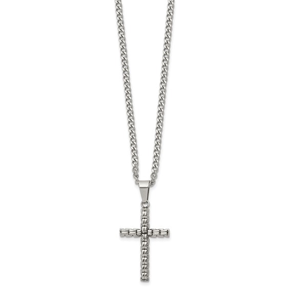 Chisel Stainless Steel Polished Woven Cross Pendant on a 22 inch Curb Chain Necklace