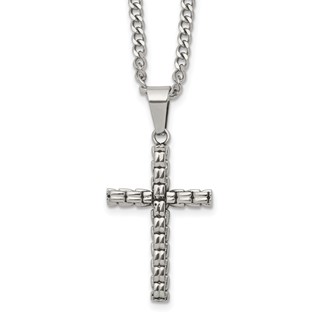 Chisel Stainless Steel Polished Woven Cross Pendant on a 22 inch Curb Chain Necklace