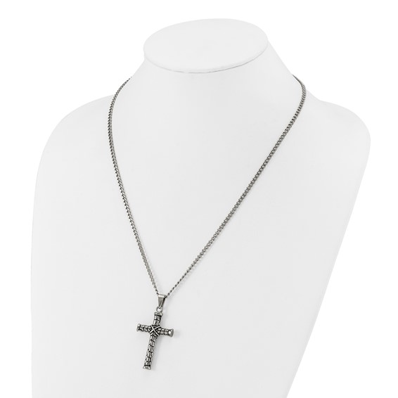 Chisel Stainless Steel Antiqued and Polished Cross Pendant on a 22 inch Curb Chain Necklace