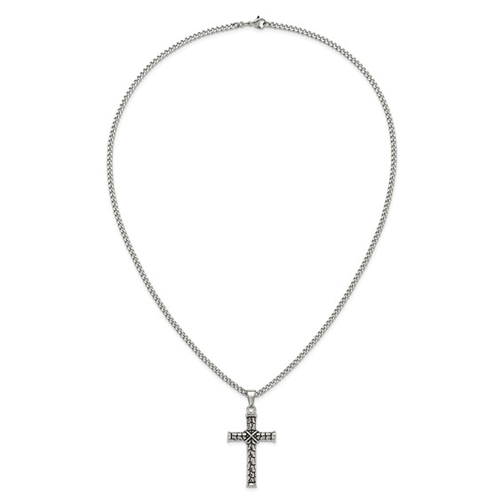Chisel Stainless Steel Antiqued and Polished Cross Pendant on a 22 inch Curb Chain Necklace
