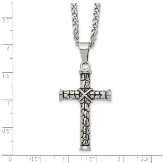 Chisel Stainless Steel Antiqued and Polished Cross Pendant on a 22 inch Curb Chain Necklace